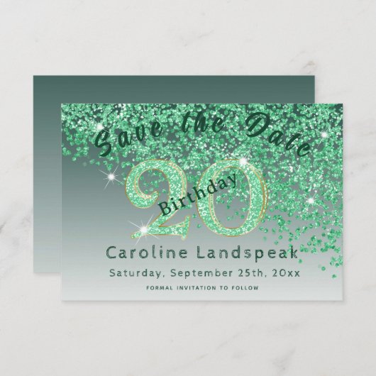 Save The Date Parties scintillant verte tombante pour 20e annive (Devant / Derrière)