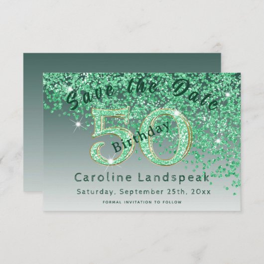 Save The Date Parties scintillant verte tombante pour 50e annive (Devant / Derrière)
