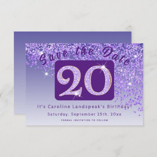 Save The Date Parties scintillant violette brillante pour 20e an (Devant / Derrière)