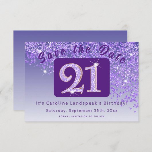 Save The Date Parties scintillant violette brillante pour 21e an (Devant / Derrière)