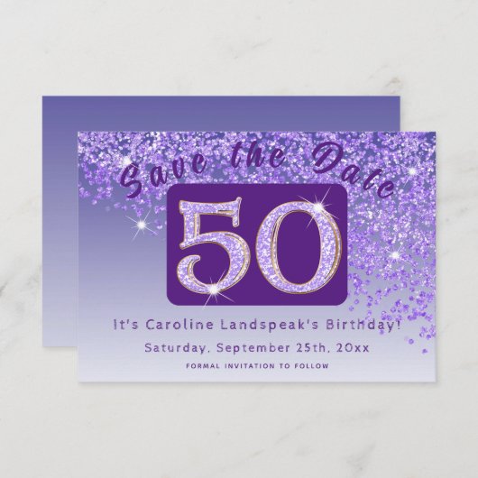 Save The Date Parties scintillant violette brillante pour 50e an (Devant / Derrière)