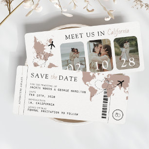 Save The Date Passe d'embarquement Beige Neutre 3 Photos Mariage