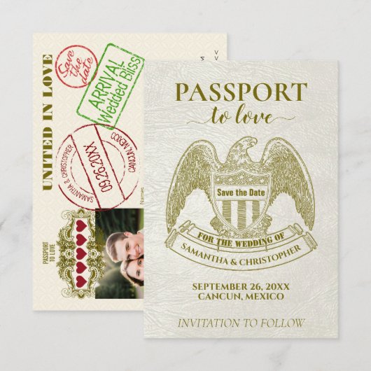 Save The Date Passeport blanc pour des vacances de mariage amusa (Devant / Derrière)