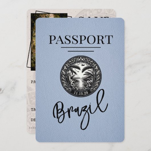 Save The Date Passeport Bleu Dusty Brésil Enregistrer La Date (Devant / Derrière)