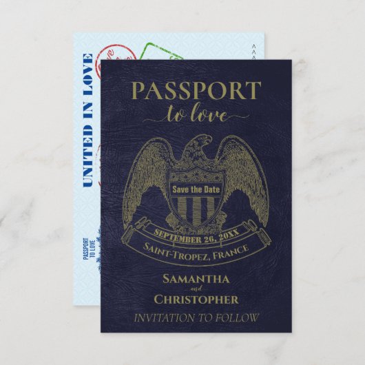 Save The Date Passeport pour aimer Amusants Destination Mariage  (Devant / Derrière)