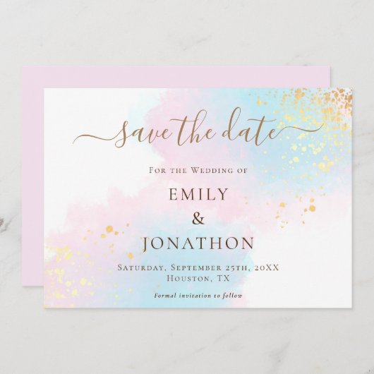 Save The Date Pastel Aquarelles bleu or rose Mariage (Devant / Derrière)