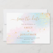 Save The Date Pastel Aquarelles Bleu rose Mariage or (Devant)