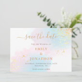 Save The Date Pastel Aquarelles Bleu rose Mariage or (Debout devant)