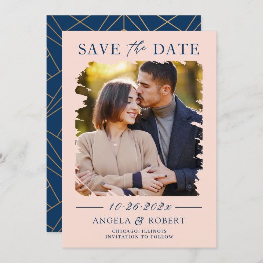 Save The Date Pastel Blush Marine Brush Stroke Photo Cadre Maria (Devant / Derrière)