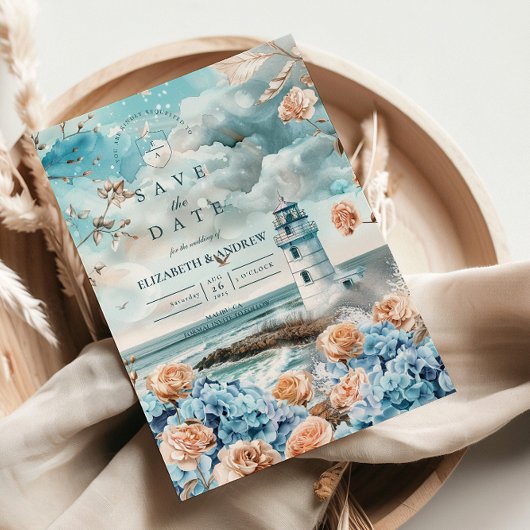 Save The Date Pastel Coastal Lighthouse Ocean Wedding