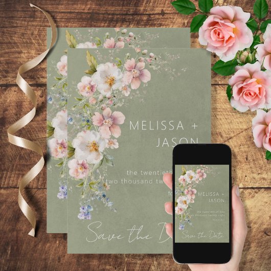 Save The Date Pastel Floral moderne Mariage vert