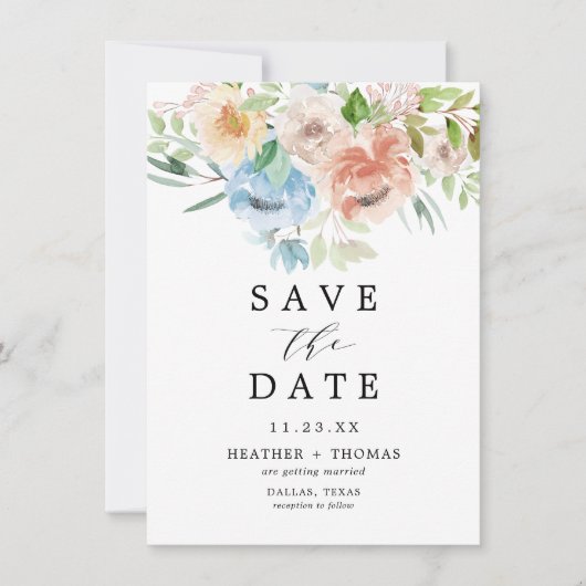 Save The Date Pastel Garden Blue Aquarelle Floral (Devant)