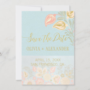 Save The Date Pastel Peach Gold Floral Ressort Mariage bleu clai