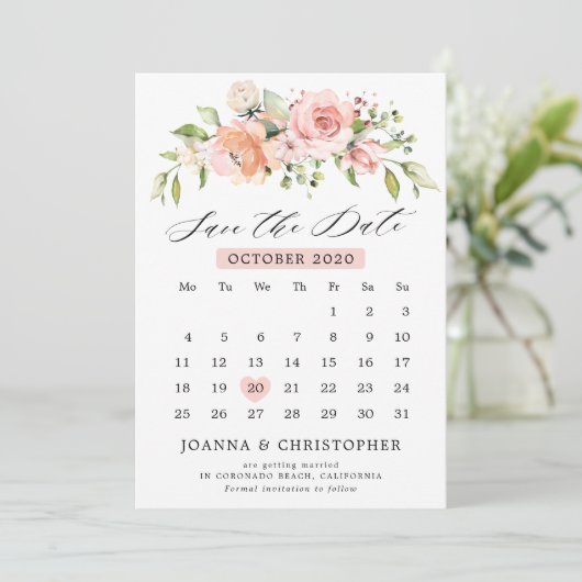 Save The Date Pastel Pink Blush Rose Floral Botanique Calendrier (Debout devant)