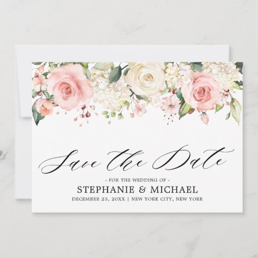 Save The Date Pastel Pink Blush Rose Floral Mariage botanique (Devant)