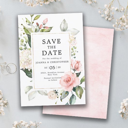 Save The Date Pastel Pink Blush Rose Floral Mariage botanique