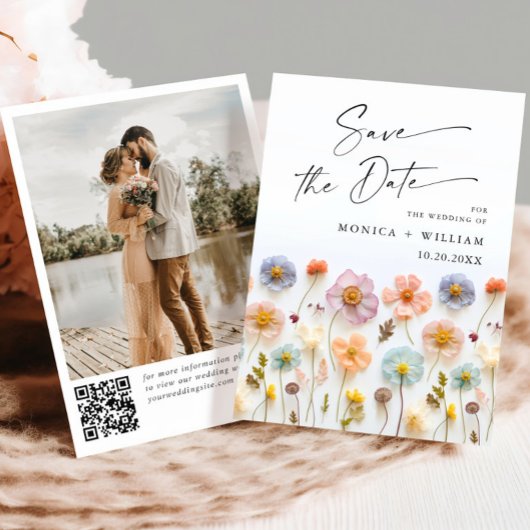 Save The Date Pastel Pink Boho Fleur sauvage code QR Mariage Pho