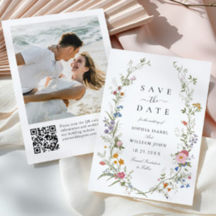 Save The Date Pastel Pink Boho Fleur sauvage code QR Mariage Pho