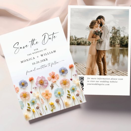 Save The Date Pastel Pink Boho Fleur sauvage code QR Mariage Pho