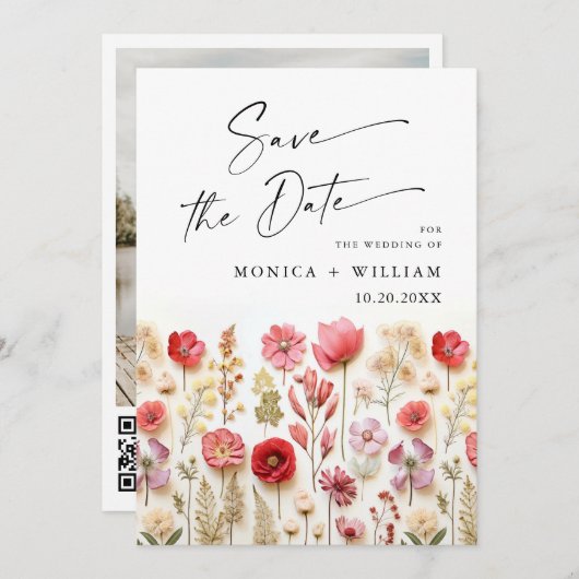 Save The Date Pastel Pink Boho Fleur sauvage code QR Mariage Pho (Devant / Derrière)