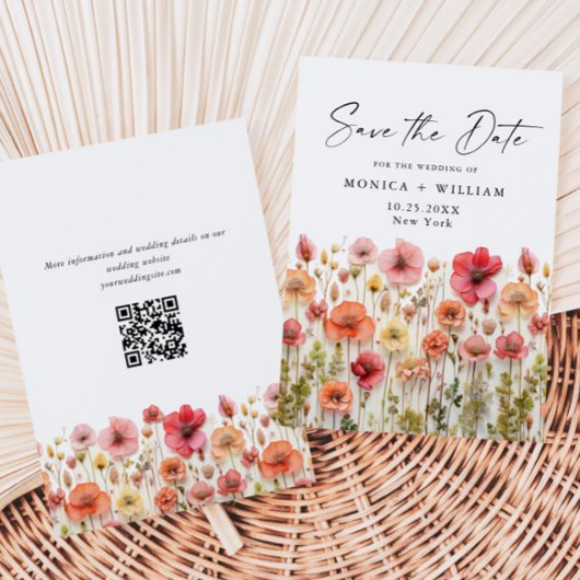 Save The Date Pastel Pink Boho Wild Flowers Mariage code QR