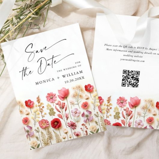 Save The Date Pastel Pink Boho Wild Flowers Mariage code QR