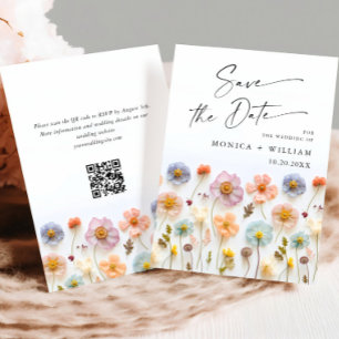 Save The Date Pastel Pink Boho Wild Flowers Mariage code QR