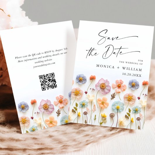 Save The Date Pastel Pink Boho Wild Flowers Mariage code QR