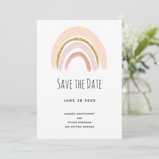 Save The Date Pastel Pink & Faux Parties scintillant Boho Rainbo (Debout devant)