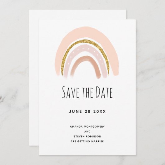Save The Date Pastel Pink & Faux Parties scintillant Boho Rainbo (Devant / Derrière)
