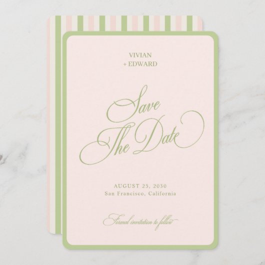 Save The Date Pastel Pink & Green Stripes Border Retro Wedding (Devant / Derrière)