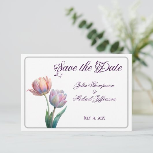 Save The Date Pastel Tulip Mariage Suite Typographie élégante (Debout devant)