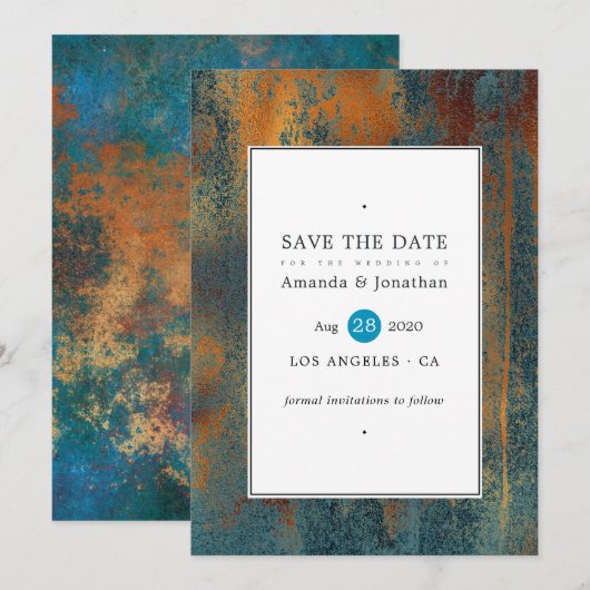 Save The Date Patina en cuivre de Grunge et Mariage Turquoise (Devant / Derrière)