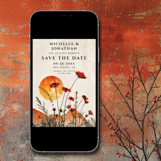 Save The Date Pavots Rouges Simples Fleurs Sauvages Bohèmes Mari