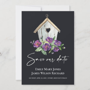 SAVE THE DATE PAYS NOIR ROUGE PURPLE FLORAL BIRDHOUSE