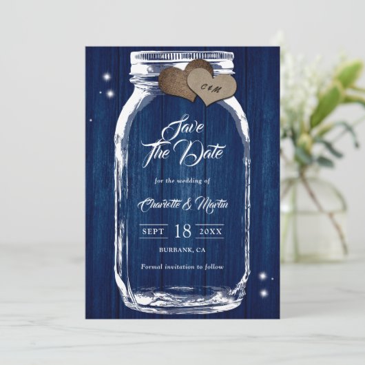 Save The Date Pays Russe Marine Bleu Bois Mason Jar Mariage (Debout devant)