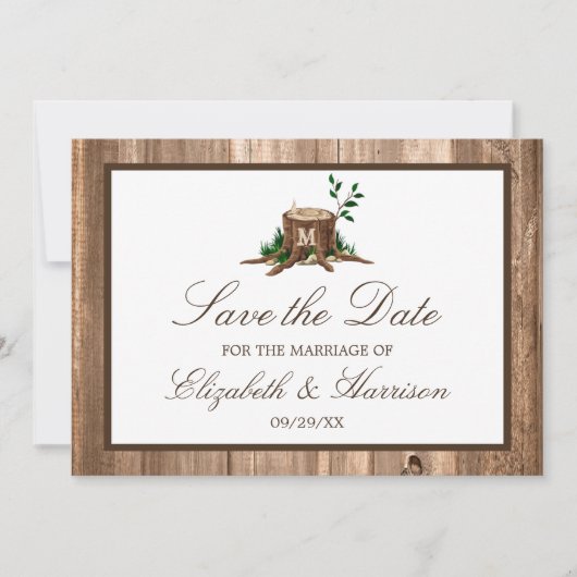 Save The Date Pays Rustique Bois Monogramme Arbre Enregistrer La (Devant)