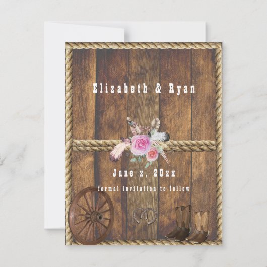 Save The Date Pays Rustique Mariage Roses Cheval Chaussures Rope (Dos)