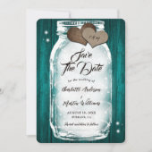 Save The Date Pays Turquoise Wood Hearts Lumières Mason Jar Mari (Devant)