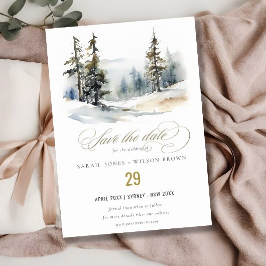 Save The Date Paysage de mariage de pins d'hiver chic neige