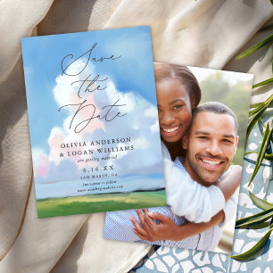 Save The Date Paysage élégant peint ciel bleu nuages mariage