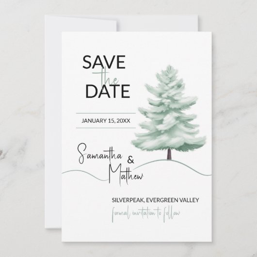 Save The Date Paysage hivernal à l'aquarelle avec pin (Devant)