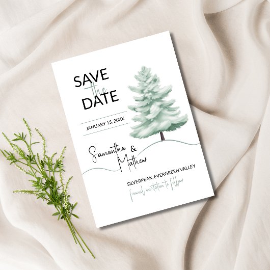 Save The Date Paysage hivernal à l'aquarelle avec un pin