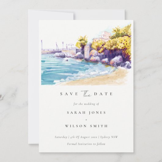 Save The Date Paysage Marin Chic de Sable de Plage Rochers Aquar (Devant)