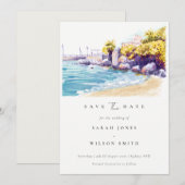 Save The Date Paysage Marin Chic de Sable de Plage Rochers Aquar (Devant / Derrière)