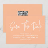 Save The Date Peach Modern Calligraphie Scannable QR Code Mariag (Devant / Derrière)