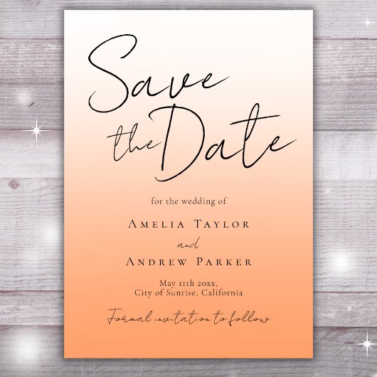 Save The Date Peach Orange Fuzz Elegant Minimal Script Mariage