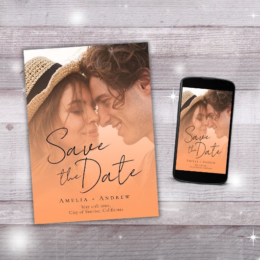 Save The Date Peach Orange Fuzz Photo Elegant Script Mariage