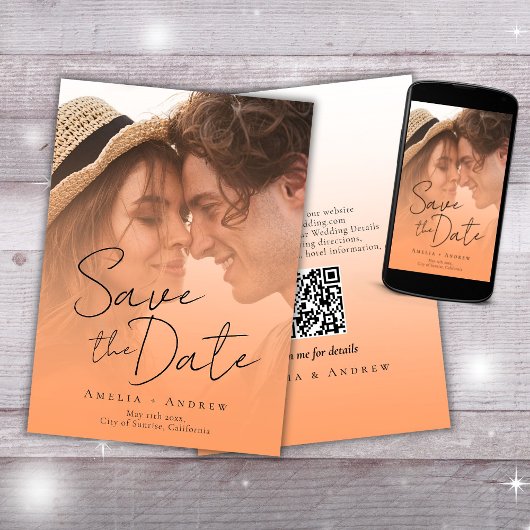 Save The Date Peach Orange Fuzz Photo Elegant Script Mariage