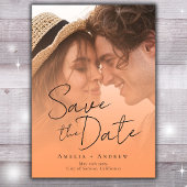 Save The Date Peach Orange Fuzz Photo Elegant Script Mariage